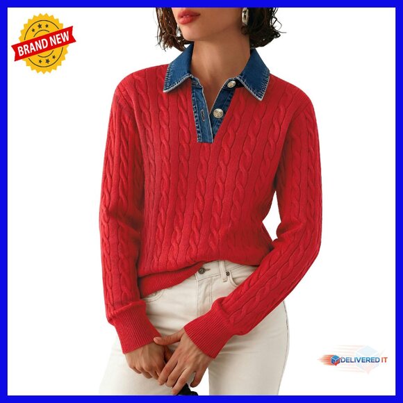 Sweaters - Denim Lapel V-Neck Cable Knit Pullover Sweater Long Sleeve Loose Fit